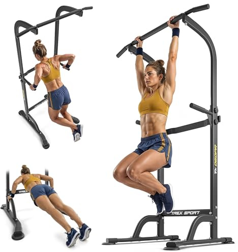 TREX SPORT Power Tower Dip Station bis 150kg 10-stufig verstellbar TX-060PR | Klimmzugstange freistehend, Multifunktionaler Kraftturm, Saugfuß-Füße, Rutschfeste Griffe, Liegestütze, Dips