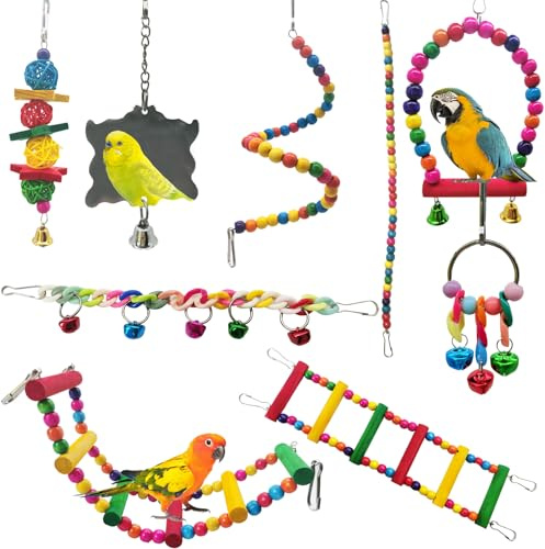 LWINGFLYER Vogelspielzeug Papagei Schaukel Papagei Kauen Naturholz Hängende Glocke Vogelkäfig Schaukel Spielzeug Geeignet für hängendes Spielzeug Vogelkäfig Zubehör（7 Stück ）