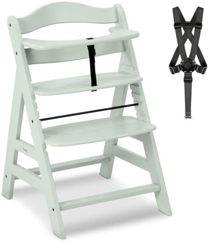 hauck Alpha+ Holz Hochstuhl Baby mitwachsend ab 6 Monaten bis 90 kg, Mint | Mit 5-Punkt-Gurt, Schrittgurt, Schutzbügel, 8-fach verstellbare Sitz & Fußplatte, robuster Kinderhochstuhl aus Buche