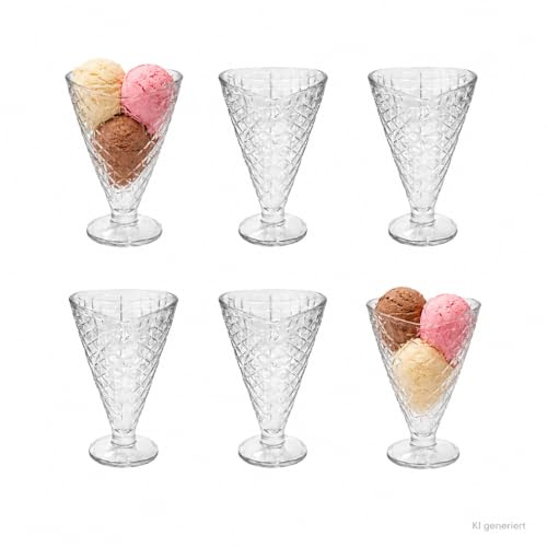 MamboCat 6er Set Copa Helado Eisbecher mit Fuß aus Glas I Klar I 340 ml I mit Waffel-Relief I konische Dessert-Schälchen, Eisgläser, Früchtebecher I für Vorspeisen, Cocktails, Eiscreme & Desserts