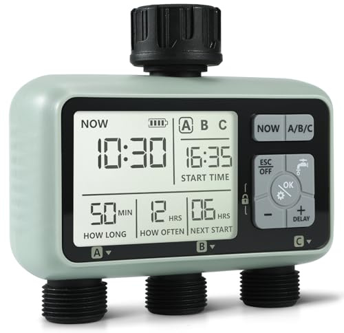 Kazeila Water Timer Bewässerungscomputer 3 Anschlüsse,3 Separate Programme,Bewässerungsuhr Digital Programmierbarer/Zeitschaltuhr Bewässerung Automatische Bewässerung/IPX5 Wasserdicht