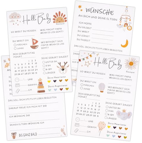 Babyparty Spiele Karten - 20 Babyparty Karten zum Ausfüllen für Gender Reveal (2 Stile) - Babyshowerparty Spiele für Junge und Mädchen - Babyparty Ratespiel Karten - Beidseitig Bedruckt - Deutsch