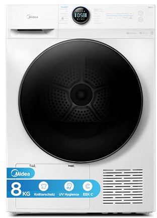 Midea MD20EH80WB-A3 Wärmepumpentrockner, 8 kg, Energieklasse C, UV Hygience, Knitterschutz, Sanfte Pflege, Auto Dry, Wollpflege, Auffrischen, Fernsteuerung, Startzeitvorwahl, Weiß [Energieklasse C]