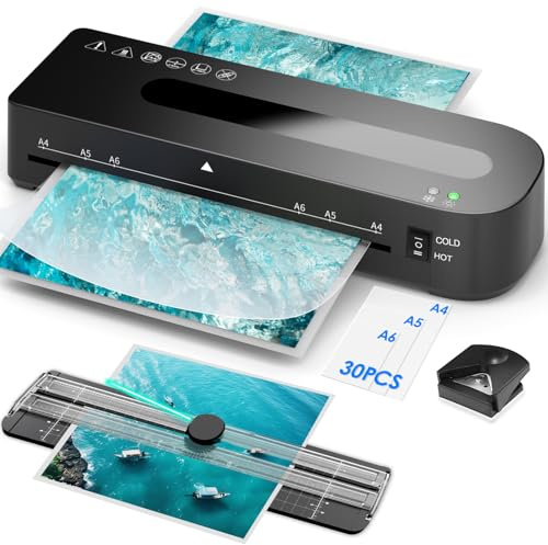 Laminiergerät A4 Laminiermaschine - 4 in 1 Laminiergerat mit 30 Laminierfolien für A4/A5/A6, Schnelles Aufwärmen, Heiß und Kalt Laminator Set mit Papierschneider, Eckrunde für Büro, Zuhause und Schule
