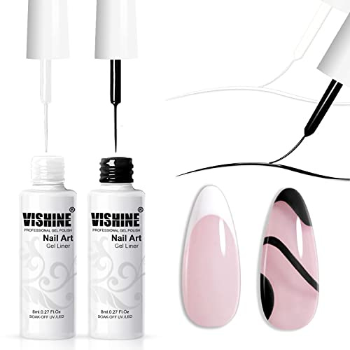 Vishine Set mit 2 klassischen weißen und schwarzen Gel-Farben für Nägel, Euphorie, dünner Pinsel für Gel-Nail-Art, Soak-off-Nail-Art-Set