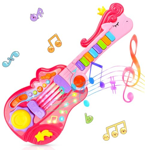 Kinder E-Gitarr Spielzeug 2-in-1 Gitarre mit Klavier Modus für Kleinkinder Leuchtende Musik Spielzeuge für 3 4 5 Jährige Mädchen und Jungen Geschenke (Rosa)