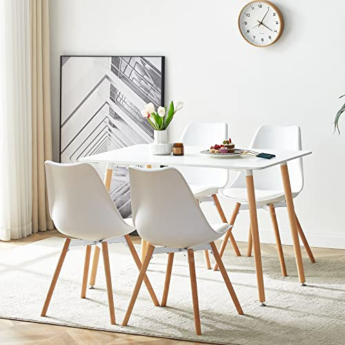 LafeuR Esszimmergruppe Esstisch mit 4 Stühlen, Rechteckig Küchentisch-Set Essgruppe für Küche Esszimmer und Wohnzimmer (Weiß Tisch+4 Weiß Esszimmerstühle), SG-1W+OT-4W