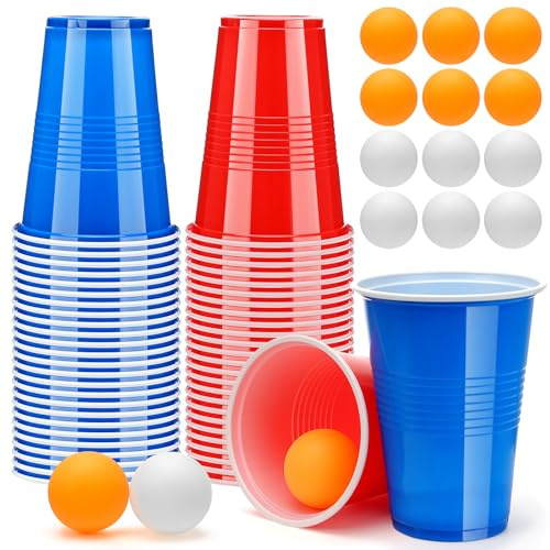 Zeawavsl Tischtennis-Set mit Bierpongglas, 50 Gläser und 12 Bälle, 500 ml Trinkgläser, Wiederverwendbar
