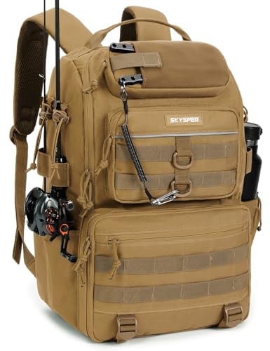 SKYSPER Angelrucksack mit Rutenhalter, 40-Liter Angeln Rucksack mit Verstellbarem Fach für Angeln
