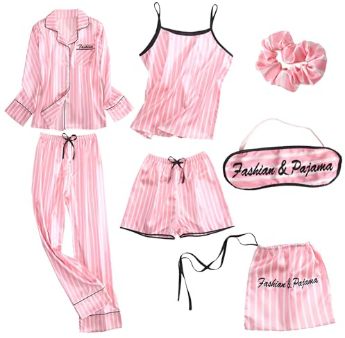 Jamron Damen 7PCS Satin Pyjama Set Frühling Sommer Herbst Tops & Kurze Hose Nachtwäsche