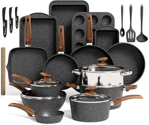 Küche Induktion Kochgeschirr & Backgeschirr Set - 30-teiliges schwarzes Granit-Kochpfannen-Set, antihaftbeschichtete Töpfe und Pfannen Set
