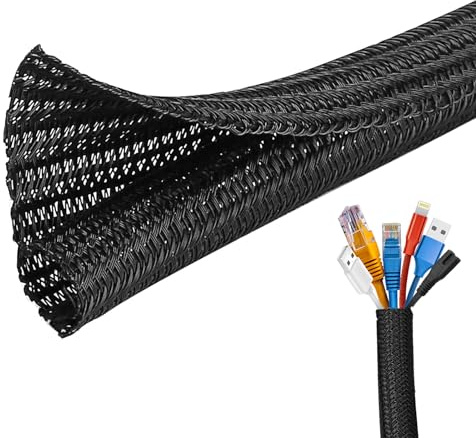 Josnown Selbstschließend Kabelkanal, 6m Zuschneidba Kabelschlauch Gewebter Kabelmantel, Durchmesser 12-20mm, Kabelmanagement für Hause und im Büro Verstecken im Schreibtisch, TV, Boden, Schwarz