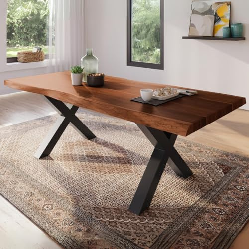 trelevo Esszimmertisch 200x100 cm Akazie nussbaumfarben X-Gestell Baumkante | Akazienholz massiv, Tischplatte, schwarz, Baumkantentisch
