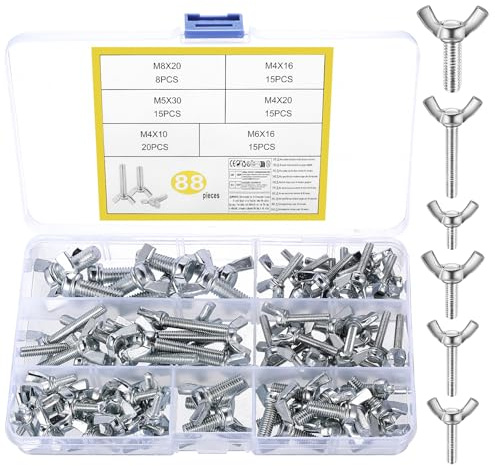 88 Stück Flügelschrauben DIN 316, M4 M5 M6 M8 Flügelschrauben Kohlenstoffstahl Flügel Schraube, Schmetterlingsschrauben, Handflügelschrauben, Flügelbolzen, Flügelgewinde für Flügelmuttern(88 Silber)