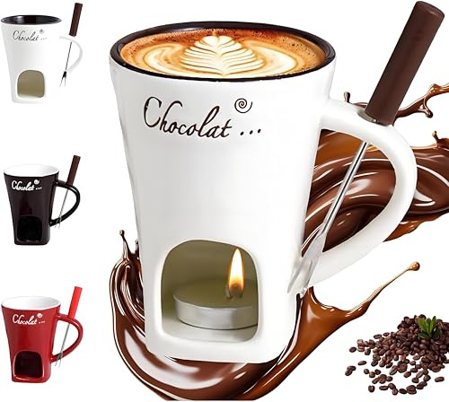Schokoladenfondue Tasse,Schokofondue Teelicht,Becher zum Schmelzen von Schokolade,Keramik Schoko Fondue,Mehrzweck Chocolate Fondue Set mit Gabel,Geeignet für Käse Schokolade Butter Karamell (Weiß)