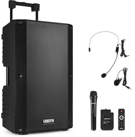 Vonyx VSA700-BP Partybox Bluetooth Lautsprecher Groß 1000W, USB, Schwarz | Mobile PA Anlage Komplettset mit Fernbedienung, 8 Std Akku, Headset und Mikrofon, MP3, SD, Soundbox, Partylautsprecherbox