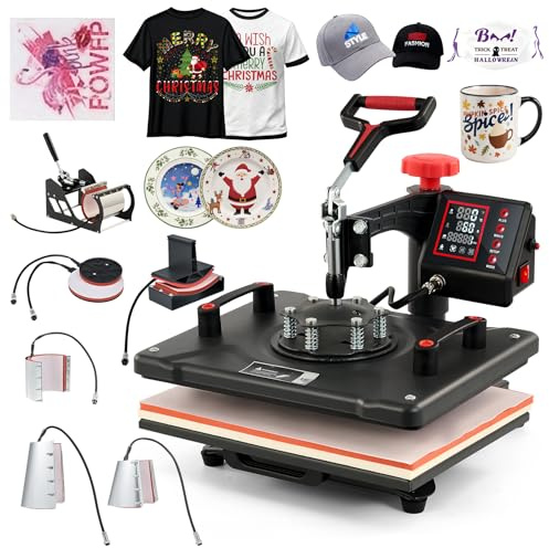 CREWORKS Transferpresse Rot 38x30cm Heißpressmaschine 8-IN-1 Wärmepressmaschine Hitzepresse 360 Grad Schwenkbar Tassenpresse und Kappenpresse, Tassen-, Hut-, Kappen- und T-Shirt-Druckmaschine