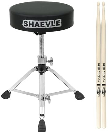 SHAEVLE Trommelhocker Höhenverstellbar Drumhocker mit Gepolsterter Sitz, Schlagzeughocker Drehbarer Drum Stool inkl. 5A-Trommelstöcken bis zu 200kg