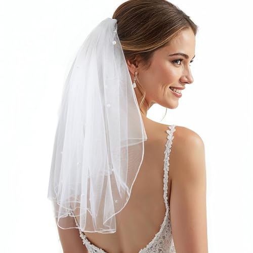 Classicseali 40cm Schleier Kurz Weiß mit Kamm, Schleier Braut | Brautschleier Kurz, Elegante Brautschleier JGA für Brautparty,Junggesellinnenabschied,Kostüm,Mädchen,Party,Hochzeit