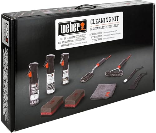 Weber Reinigungsset für Edelstahl-Gasgrills | 300 ml Grillrost-Reiniger, 300 ml Edelstahl-Reiniger, 200 ml Non-Stick Spray, 3 Grillb., Schaber, Mikrofasertuch, 2 Schwämme