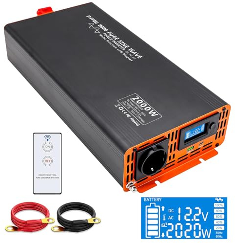 DATOUBOSS 2000W Reiner Sinus Wechselrichter 12V auf 230V (4000W Peak), Spannungswandler mit Funkfernbedienung, EU-Steckdose, USB-A & USB-C, LCD Display – für Wohnmobil, Camping & Solar