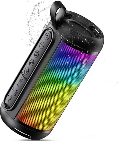 Brelley Bluetooth Lautsprecher, Musikbox mit HD-Sound, BT6.0, IPX5, Dualen Bass-Treibern, RGB Lichter, USB, AUX, TF Karte, 20H Akku, für Party, Outdoor, Reisen, Geburtstagsgeschenk