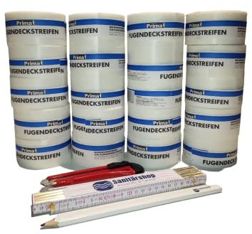 Sanitärshop Baustoffe & Sanitär 20 Rollen Prima Fugendeckstreifen aus Glasfaser Breite: 50mm Rolle: 25m Bewehrungsstreifen für Rigips Fugenverspachtelung inkl. Cuttermesser Zollstock Bleistift