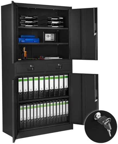 tectake® Aktenschrank, Mehrzweckschrank aus Stahl, Allzweckschrank, Aktenschrank abschließbar, 2 Schrankabteilen, 2 Schubladen, Türen und Schloss, Büroschrank, Werkzeugschrank, 180x80x40cm - schwarz