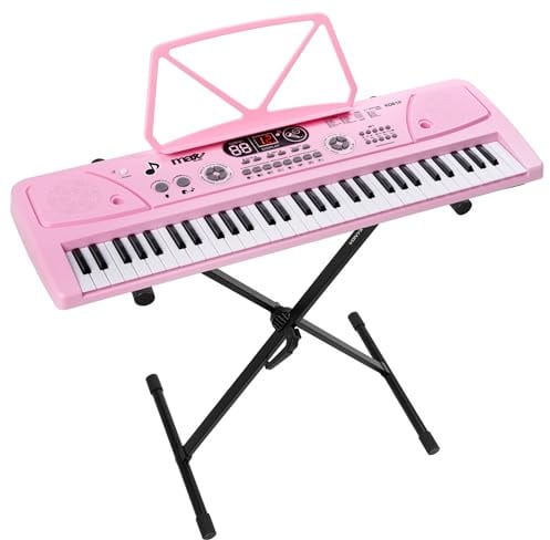 MAX KD61P - Digitales Kinderpiano 61 Tasten mit verstellbarem Ständer, wiederaufladbarer Akku, Mikrofon, LED-Display, Aufnahme, Rhythmen und Akkorde, ideal für Kinder und Anfänger