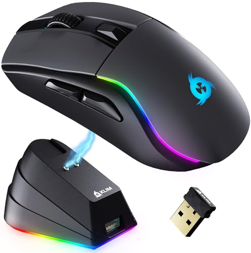 KLIM Blaze Y Wiederaufladbare kabellose Maus - NEU - Gaming Maus mit RGB und Ladestation - Hochpräziser Sensor und langlebiger Akku - Bis zu 6000 DPI - Kabel- und Wireless Mouse für PC - Schwarz