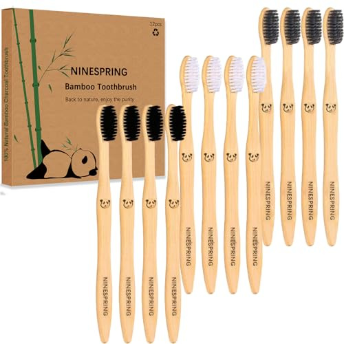 NINESPRING 12 Stück Bambus Zahnbürsten Weiche Borsten Natürliche Holzzahnbürste,100% BPA-frei,Bioabbaubare Holzkohlezahnbürsten,Vegane & umweltfreundliche Handzahnbürste
