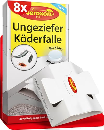 Aeroxon Ungeziefer Köderdose – 8X Ungeziefer Falle/Klebefallen für Silberfischchen, Schaben & Papierfische – Silberfisch Köderdose zur Überwachung kriechender Insekten