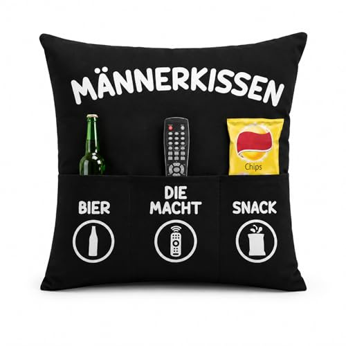 KAMACA Männerkissen Dekokissen mit weicher Füllung 43 x 43 cm Kuschelkissen mit 3 Taschen Geschenkidee für Männer Gamer Väter und Couchhelden für Vatertag Geburtstag Weihnachten (Männer-Kissen)