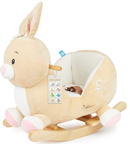 Bieco Plüsch Schaukeltier Hase Hopsi, 60 cm | Kinder Schaukelstuhl mit Sicherheitsgurt | Baby Schaukel | Schaukel Kleinkind | Schaukeltier Baby Schaukelwippe ab 9 Monate | Schaukelpferd Holz