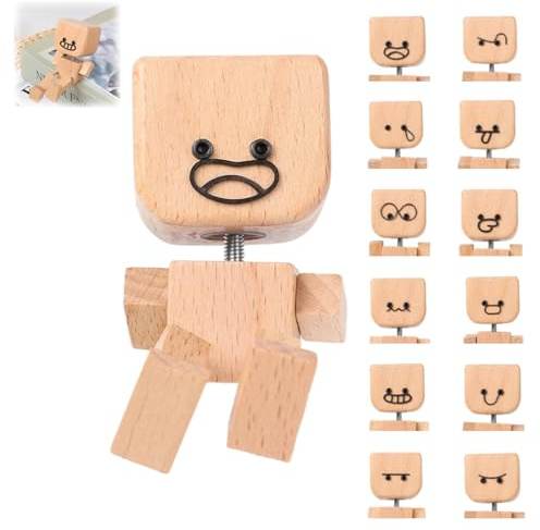 Yanlin Charmante Kleine Holzfigur, Schüttelnde Holzmann-Figur, Wackelmann Mit Wackelfüßen die mit 12 magnetischen Ausdrücke schwankt, Handgefertigte Wackelnde Füßen Holzpuppe Auto Ornamente