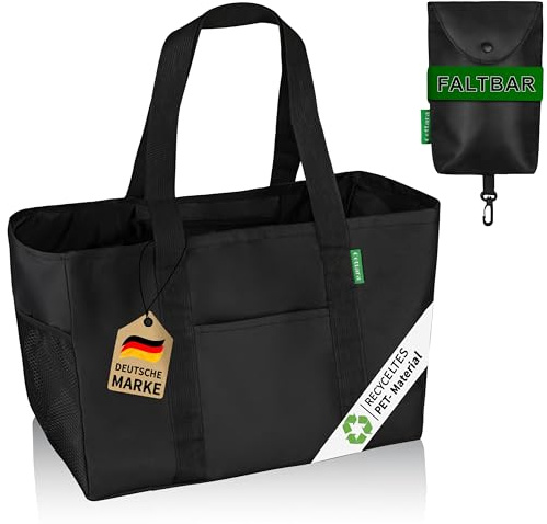 COTTARA® faltbare Einkaufstasche groß mit Zusatztasche zum klein falten | Einkaufskorb aus recyceltem Material | wasserabweisend und stabil | Ideal als Shopper, Badetasche oder Tragetasche Schwarz