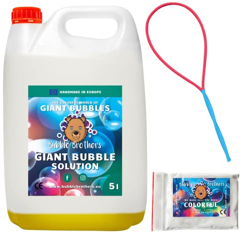 Bubble Brothers Seifenblasen Nachfüllflasche 5L Seifenblasenflüssigkeit Seifenblasenlösung Konzentrat für Riesenseifenblasen Stabile Seifenblasen (1x 5L + 1 Pulver)