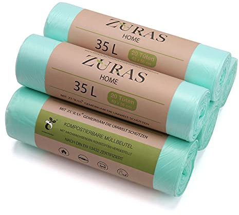 ZURAS® Biomüllbeutel 35L, 100 Stk., wasserdicht & reißfest | biologisch abbaubare Müllbeutel, kompostfähig, auf pflanzlicher Basis, wasserdicht und reißfest