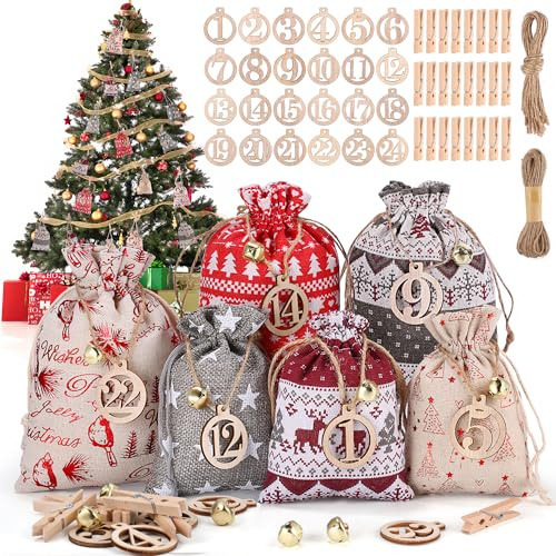 DazSpirit 24 Adventskalender Befüllen 2026, DIY Adventskalender Säckchen | Stoffbeutel mit Holzklammern, Hanfseil, Glocken und Holzzahlen, Weihnachtskalender Selberfüllen für Zuhause & Wohnraum