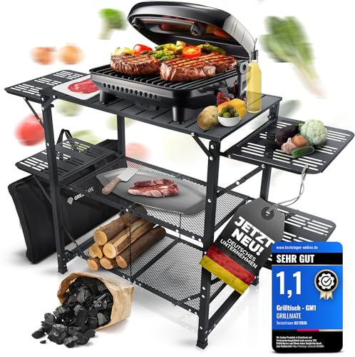 Grilltisch Outdoor Wetterfest Klappbar, Grill Beistelltisch | GRILLMATE | Campingküche faltbar · Beistelltisch für Balkon, Garten, Camping · Aluminium rostfrei · 50 kg belastbar · Tragetasche
