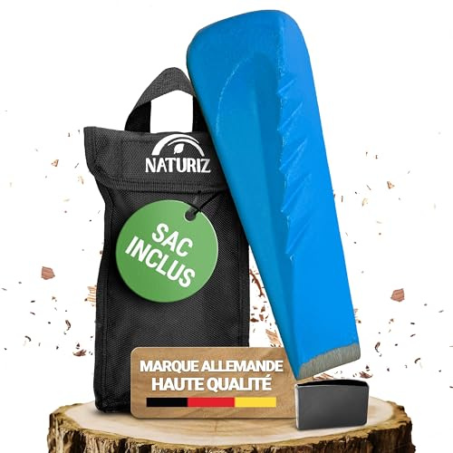 NATURIZ® Profi Spaltkeil für Holz inkl.Tasche & Schutzkappe - scharfer Drehspaltkeil für leichtes Holz spalten, Holzspaltkeil/Spaltkeil aus Stahl (2,3kg)