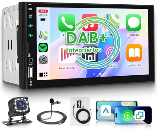 DAB/DAB+ Doppel-DIN-Autoradio mit kabellosem Carplay Android Auto Mirror Link, 7-Zoll-Touchscreen, 2-DIN-Autoradio mit Bluetooth, FM EQ, USB/AUX/SWC Rückfahrkamera