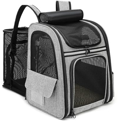 Dogat Erweiterbarer, Faltbarer Katzenrucksack, Grau | Atmungsaktives Mesh, für Katzen bis 8 kg, waschbare Polsterung, für Reisen, Wandern, Spaziergänge