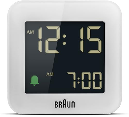 Braun Digitaler Reisewecker Schlummerfunktion, kompakte Größe, Negatives LC-Display, Schnelleinstellfunktion, Crescendo-Alarm in Weiß, Modell BC08W.