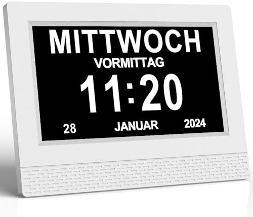 jj-shop24 Seniorenuhr 7-Zoll - Digitaler Kalender mit Erinnerungsfunktion, Datum und Wochentag für Demenz, Sehschwäche, Alzheimer - Wanduhr mit großem Display und Wecker