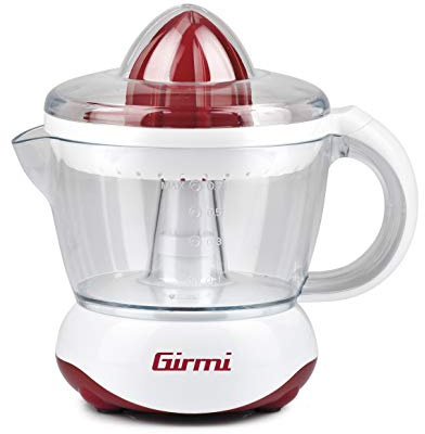 Girmi SR02 Elektrische Zitruspresse, 25 W, 700 ml Kapazität, Komplett zerlegbar, Filtersieb, Doppelrichtungsrotation, Zwei Presskegel für kleine und große Früchte, Rot/Weiß
