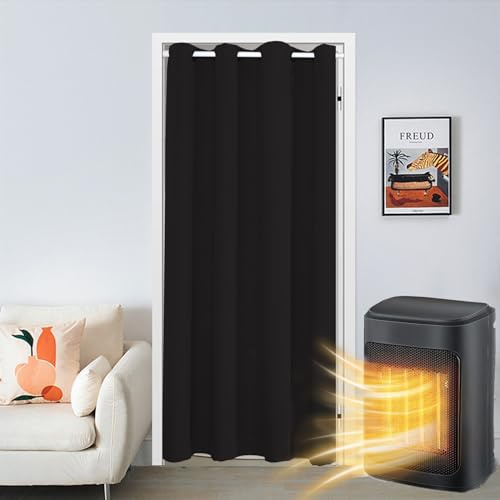 SK Studio Türvorhang Blickdicht Thermo Gardinen Vorhang mit Ösen Thermovorhang Kälteschut Wärmeisolierend für Schlafzimmer Tür Schrank Vorhang Schwarz, 107x203cm