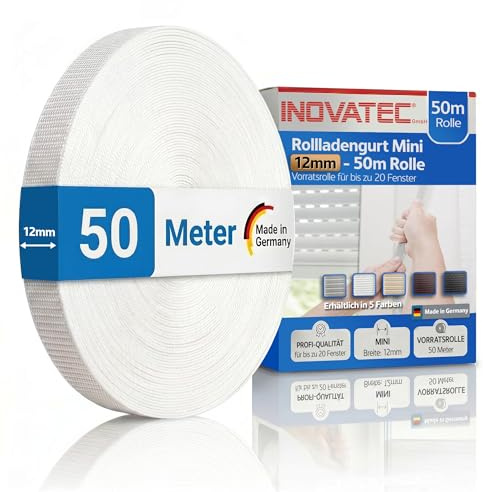 INOVATEC Rollladengurt Mini 12mm – 50m Rolle – Reißfest & UV-beständig mit Perlon-Kantenschutz – für Fenster & Türen – passend für alle Maxi-Gurtwickler – Weiß