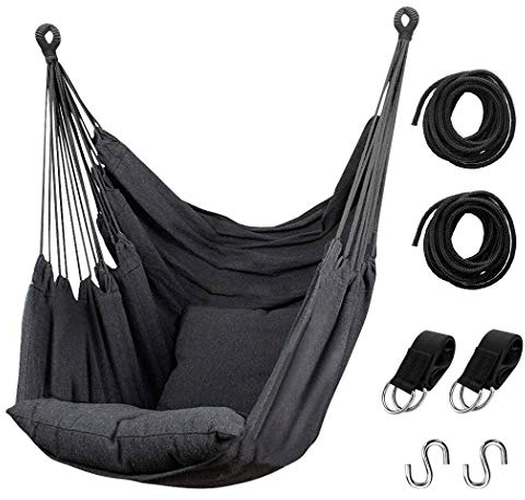 Hängemattenstuhl Hängeseilschaukel, max. 136 kg Hängesessel mit Tasche, hochwertiges Baumwollgewebe für höchsten Komfort und Haltbarkeit, perfekt für Outdoor, Zuhause, Terrasse, Hof (dunkelgrau)