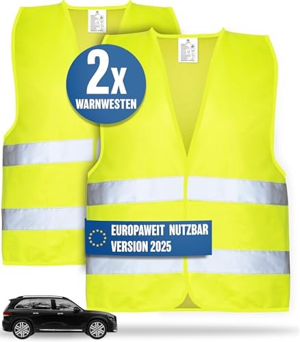 HELDENWERK Auto Warnweste 2er Set für Erwachsene europaweit einsetzbar - Reflektierende Warnwesten 2026 - PKW Sicherheitsweste, Pannenweste, KFZ Weste